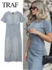 Casual Dresses TRAF Woman Denim Dress 2023 Summer Zip Slit Jean Short Sleeve Long Dresses Women Streetwear Female Dress Z0506