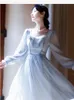 Casual Dresses French Light Blue Princess Dress Women Puff Sleeve Flower Lace Square Collar Elegant Vestido Ladies Spring Fairy Dressed