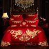 Set di biancheria da letto Oriental Loong Phoenix Art Ricamo Set rosso Cotone Luxury Royal Wedding Copripiumino Lenzuolo Federa 4/6 / 8 pezzi