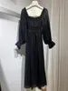 Casual Dresses Women Cotton Dress Square Collar Embroidery Chest Elastic Waist Lantern Sleeve Midi