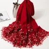 Szaliki czerwone kobiety zima luksusowe ciepłe szale haftu owijają duże paszmina długie szyi szalik koronkowy patchwork ukradł 195 x 65 cm