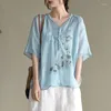 Etnik Giyim Yaz Moda Bluz Kadınların Gevşek Kısa Kollu Top Çin Geleneği İnce Nefes Alabası İşlemeli Kadın Hanfu