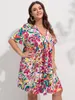 Plus size Dresses Finjani Floral Print Flutter Sleeve Smock Dress Summer Woman Plus Size Deep V-neck Knee Length Skirt 230506