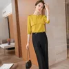 Chemisiers pour femmes mode été femmes chemises dames 2 pièces pantalon et hauts ensembles demi-manches travail jaune pantalons