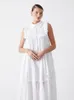 Casual Dresses Women Cotton Ramie White Dress Doll Collar Ruffle Splicing Sleeveless Holiday Midi