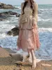 Robes décontractées été rose en mousseline de soie Vintage robe douce femmes France élégante fête Midi femme Style coréen à manches longues fée 2023