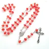 Pendentif Colliers CottvoReligieux Sacrement Baptême Prière Chapelet Perles Rouges Chaîne Rose Médaille Crucifixion Croix Chapelet Collier Bijoux