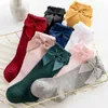 3pcs Girls Solid With Bows Cotton Baby Children Sock Soft Toddlers Long Socks Kids Princess Knee High Socken For 0-7
