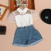 Clothing Sets Fashion Chiffon Blouse for Kids Girls Summer Children White Short Sleeve Shirts Teenage Turn down Collar Lace Basic Tshirts 230506