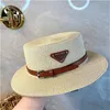 Portable beach hats sunshine proof straw hat with removeable belt round stripe brim gorra enamel triangle metal designer hats for womens fashionable PJ066 B23