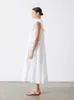 Casual Dresses Women Cotton Ramie White Dress Doll Collar Ruffle Splicing Sleeveless Holiday Midi