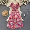 Partykleider Boho Sommer Blumen Urlaub Maxikleid Frauen V-Ausschnitt Rüschen Ärmel Chiffon Blumendruck Hohe Elastische Taille Plissee Lang