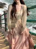 Robes décontractées été rose en mousseline de soie Vintage robe douce femmes France élégante fête Midi femme Style coréen à manches longues fée 2023