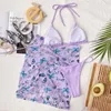 Kvinnors badkläder 2021 Sexig badkläder 3PC Set Halter SwimeWear Butterfly Print Triangle Bikini Swimsuit Drawstring Beach kjol J230506