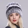 Bérets Bonnet D'hiver De Haute Qualité Chapeau Pour De Vrais Rex Chapeaux De Fourrure Avec Argent Femmes Fleur Tricoté Bonnets Casquettes