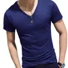 Hommes t-shirts été à manches courtes chemise pour hommes décontracté hauts serrés Fitness T-shirt couleur unie mince col en v Sport haut