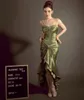 Party Dresses 14085#iena Elegant Spaghetti Strap Vintage Olive Green Sweetheart Collar Crystal Button Pleat Taffeta Satin Prom Evening Dresses 230505