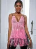 Casual Dresses Sexy See Through Tassel Rhinestone Corset Summer Dress Women Shiny Beach Club Party Woman Backless Mini Bodycon Sets