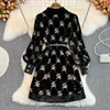 Casual Dresses 2023 Spring Hepburn Wind Black Short Dress Single-breasted Bear Print Turn-down Collar Elegant Velvet Woman