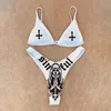 Women's Swimwear Punk Gothic Letters Print Bikinis Set Sexy Bikini 2023 Women Skull Pattern V-neck Swimwear Fashion Swimsuit Bathing Suit J230506