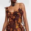 Vestidos casuales Estampado floral Irregular Halter Slit Vestidos formales 2023 Temperamento de verano Elegante Delgado Rotación Ruffle Vestido de mujer