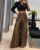 Women's Pants Capris High Waist Sequin Flared Pants Women Loose Fashion Casual Wide Leg Pants Floor Length Trousers 230505