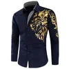 남성용 캐주얼 셔츠 Homme Black Men Lion Gold Social Fit 셔츠 럭셔리 Long Chemise Sleeve Slim Prom Club Camisa Masculina