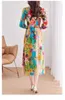플러스 사이즈 드레스 실크 짧은 소매 여성 꽃 프린트 드레스 v- 넥 허리 슬림 한 여름 크기 무릎 긴 드레스 230506