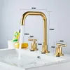 Waschbeckenarmaturen Wasserhahn Glänzend Poliertes Gold Wasserfall Zweigriff Dreiloch-Waschbecken-Mischbatterie