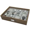 Scatole per orologi Scatola da 12 scomparti Organizzatore per uomo Espositore in legno di noce Cuscino in cotone di seta Custodia in vetro acrilico