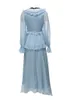 2023 Spring Blue Contrast Color Ribbon Tie Bow Dress Long Sleeve V-neck Ruffled Midi Casual Dresses D3W031901