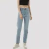 Женские джинсы хлопок прямой ретро -ретро растягивание голубые стирки стройные грузовые джинсовые штаны с высокой талией.