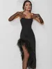 Casual Dresses New Women Sexy Strapless Black White Feather Midi Bandage Dress 2023 Split Knitted Elegant Evening Bodycon Party Dress Z0506