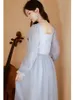 Casual Dresses French Light Blue Princess Dress Women Puff Sleeve Flower Lace Square Collar Elegant Vestido Ladies Spring Fairy Dressed