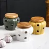 Storage Bottles Ceramic Garlic Ginger Jars Wooden Lid Refined Tank Candles Home Kitchen Solid Color Organizer Box Container