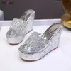 rhinestone gold silver Sequine Platform Slippers Women Wedge Slides Slippers Summer Beach Slippers Casual Mules Heels Sandals