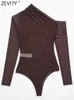 女性のジャンプスーツはロンパースZevity女性セクシーな固体非対称メッシュ糸スリムボディスーツレディース長袖オフショルダープレイスーツMujer Rompers LS2460 230505