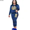 Kvinnors spårningsdräkter CM.yaya plus storlek XL-5XL Letter Print Velvet Women's Set Sweatshirt Top Jogger Pants Suit Tracksuit Two Piece Set Fitness Outfit P230506