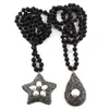 Pendant Necklaces Fashion 8mm Lava Stone Long Knotted Handmade Crystal Paved Pearl Pentagram Women Ethnic Necklace