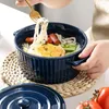 Bowls Two Ear Noodles Bowl With Lid Ceramic Simple Style Air Fryer Soup Container Large Tableware Home Kitchen Gadgets Pink