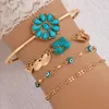 Charm Bracelets Charming Imitation Turquoise Flower Open Bracelet Set For Women Fashion Geometric Alloy Leaf Eyes Four Piece