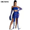 Two Piece Dress CMYAYA Women Set Solid Mesh Full Flare Sleeve Strapless Crop Tops Bandage Mini Skirts Two 2 Piece Sets Sexy Night Outfit Summer J230506