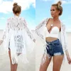 Sarongs Sexy 2023 Women Solid Long Sleeve Fashion Bathing Suit Tassel Bikini Cover Up Lace Beach Short Dress Beachwear