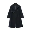 Women's Wool & Blends Arrival Autumn And Winter 2023 Notched Collar Eyelet Belt Fashion Loose Long Women Coat Navy BlueWomen's