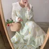 Abiti casual Sweet Mori Girl Doll Collar Ruffled Cottage Dress Women Print Floral Loose Cotton Linen Ramie Long Robe Boheme Femme Chic