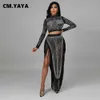 Robe Deux Pièces CMYAYA Automne Chaud Strass Spicing Femmes Ensemble Crop Tops et Gland Maxi Jupes Costume Survêtement Deux Pièces Ensemble Fitness Tenues J230506