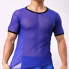 Herr t-skjortor sommar-t-shirt o-hals kort ärm fitness topp ultratunna solida färg män genomskinliga mesh sport streetwear