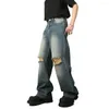 Jeans da uomo da uomo con foro strappato al ginocchio, larghi, casual, gamba larga, pantaloni in denim lavato vintage, pantaloni larghi hip-hop streetwear coreani maschili