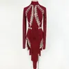 Stage Wear Women Latin Dance Competition Dress Red Long Sleeves Rhinestone Tassels Performance Clothing Dancer Costume BL8462