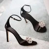 Sandals 2023 Women Black Rhinestone Flower Decoration Ankle Buckle Strap Pointed Toe Thin High Heel